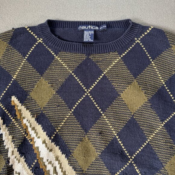 Vintage 90s Nautica Scotland Cup Sailboats Knit Pattern Sweater Men's XL Blue - Picture 2 of 15